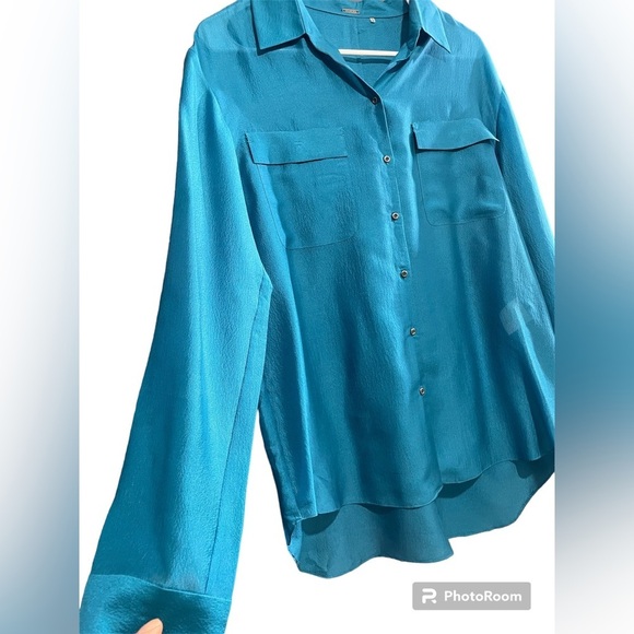 100% silk long sleeve shirt for women color blue size M Bottom Down top - Picture 4 of 9